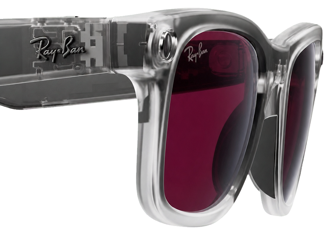 Óculos inteligentes Ray-Ban Meta com armação transparente e lentes vermelhas